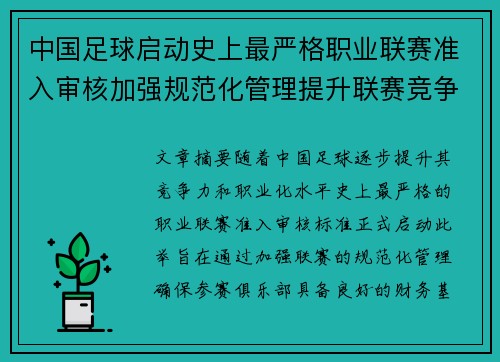 中国足球启动史上最严格职业联赛准入审核加强规范化管理提升联赛竞争力