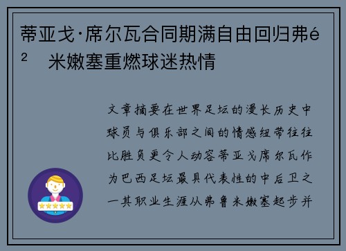 蒂亚戈·席尔瓦合同期满自由回归弗鲁米嫩塞重燃球迷热情