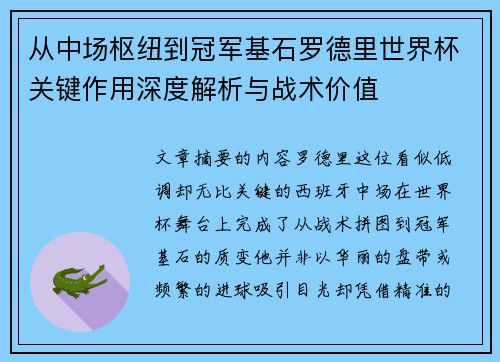从中场枢纽到冠军基石罗德里世界杯关键作用深度解析与战术价值